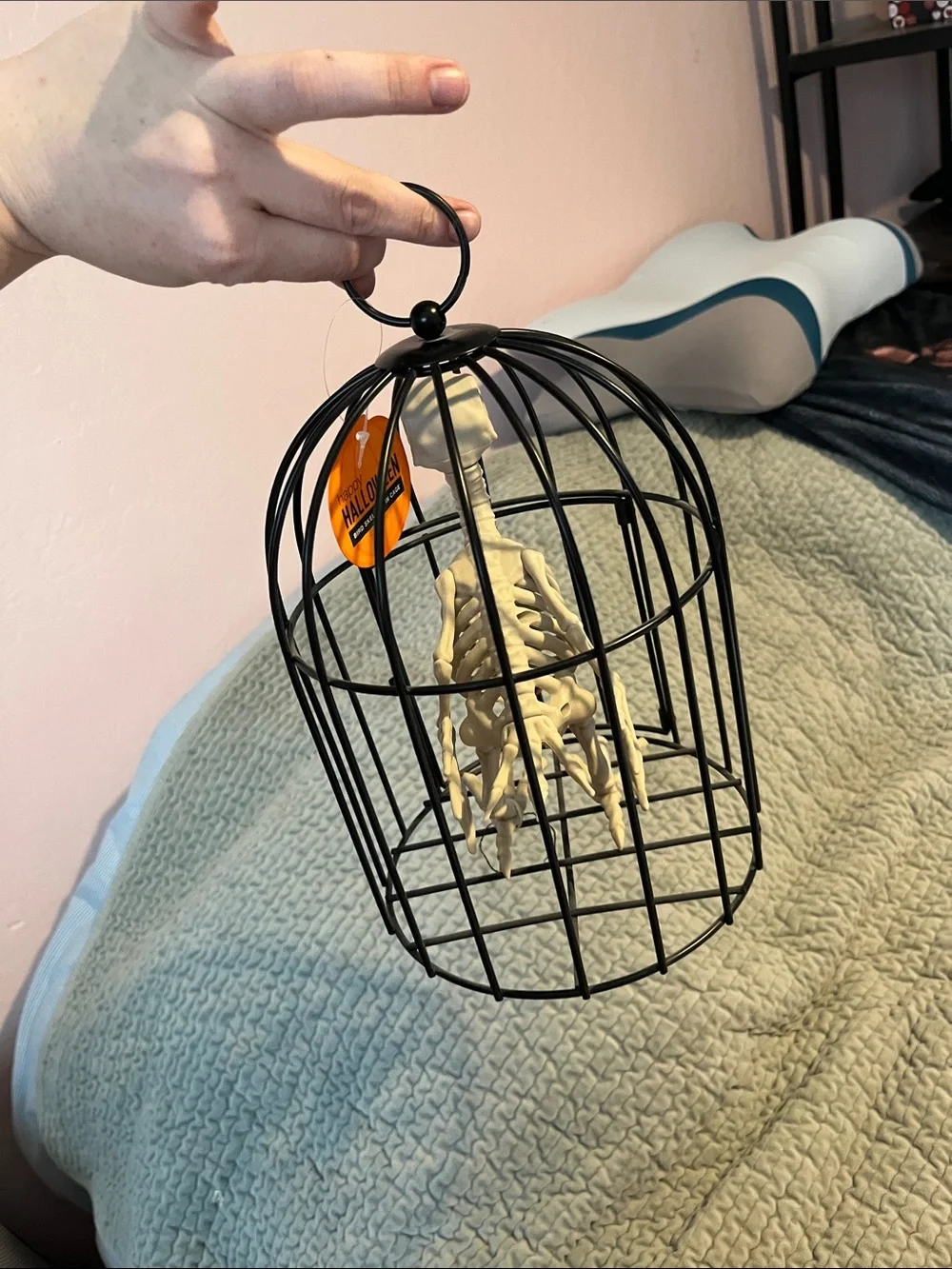 Black Birdcage Ornament with Cream Skeleton Bird - Holiday Decor